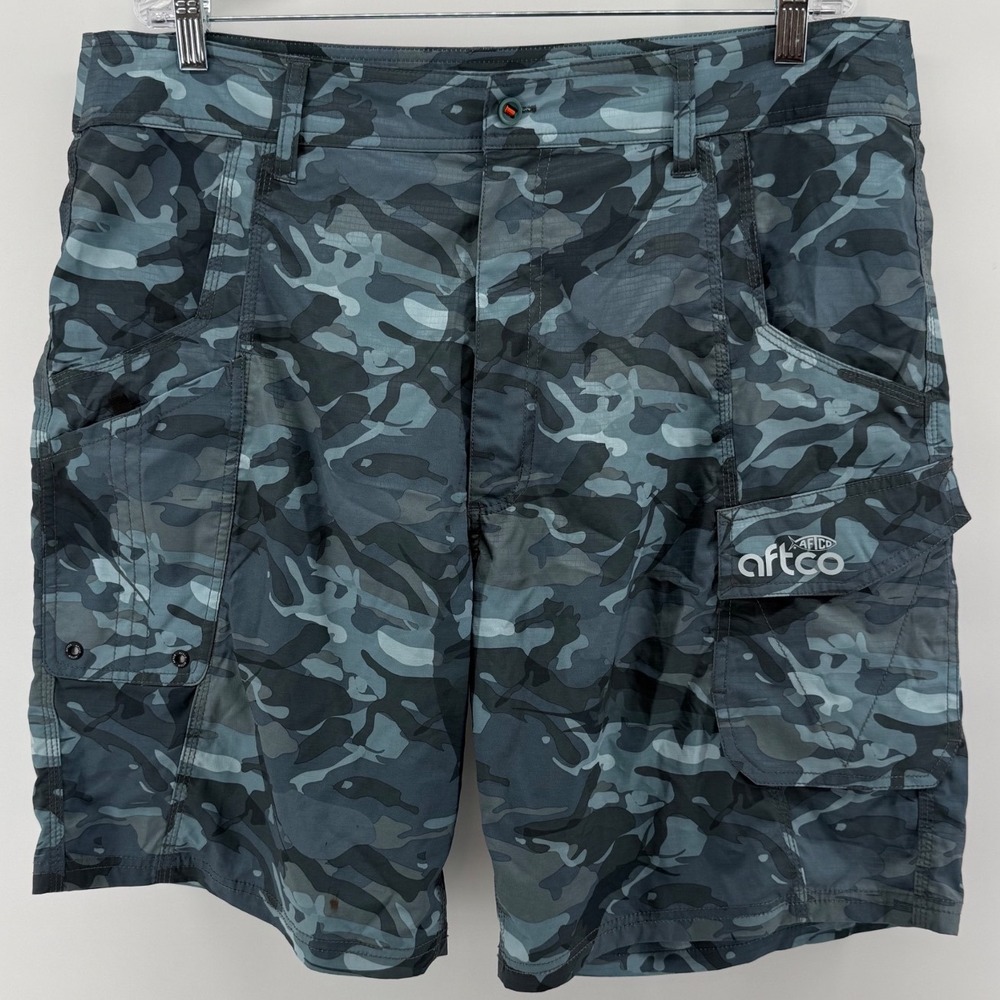 AFTCO Mens Blue Camo Fishing Cargo Shorts Size 38 Ripstop Tactical Plier Pocket